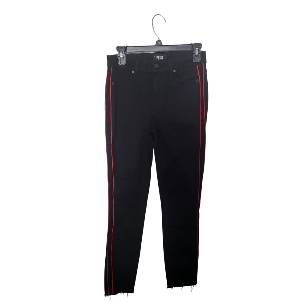 Paige Hoxton Ankle Jeans Women 27 Black Red Side Stripe High Rise Skinny Raw Hem
